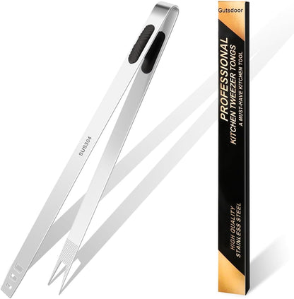 Gutsdoor 8 Inch Plating Tweezers Stainless Steel Precision Culinary Tweezer Silver Kitchen Straight Tweezers Tongs