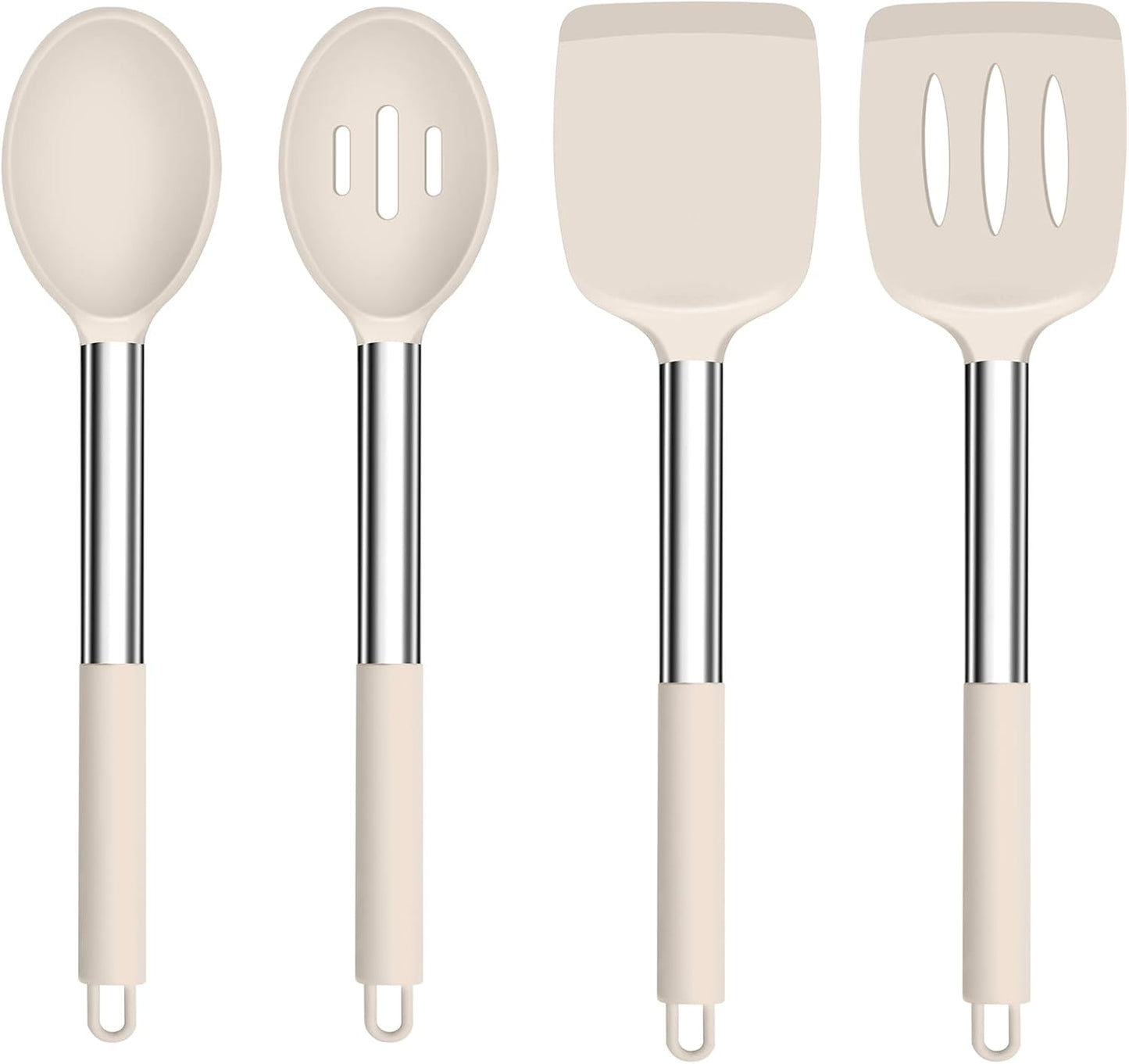TeamFar Kitchen Utensils, 4 PCS Silicone Cooking Utensils Spatula Spoon Set with Stainless Steel Handle, for Frying Mixing Draining Turning, Healthy & Heat-proof, Non-stick & Dishwasher Safe - Black
