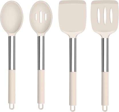 TeamFar Kitchen Utensils, 4 PCS Silicone Cooking Utensils Spatula Spoon Set with Stainless Steel Handle, for Frying Mixing Draining Turning, Healthy & Heat-proof, Non-stick & Dishwasher Safe - Black