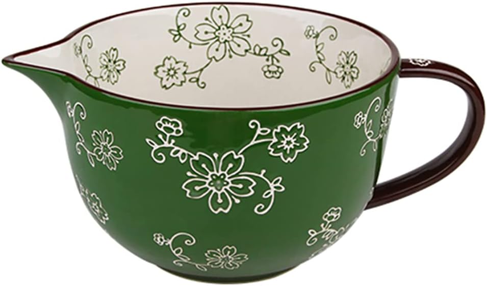 Gaolinci Cherry Blossom Pattern Kitchen Ceramic Mixing Bowl, 1 Quart Large Bowl, with Pouring Spout and Handle