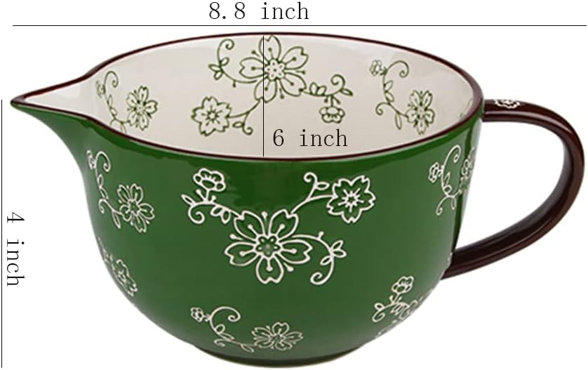 Gaolinci Cherry Blossom Pattern Kitchen Ceramic Mixing Bowl, 1 Quart Large Bowl, with Pouring Spout and Handle