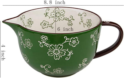 Gaolinci Cherry Blossom Pattern Kitchen Ceramic Mixing Bowl, 1 Quart Large Bowl, with Pouring Spout and Handle