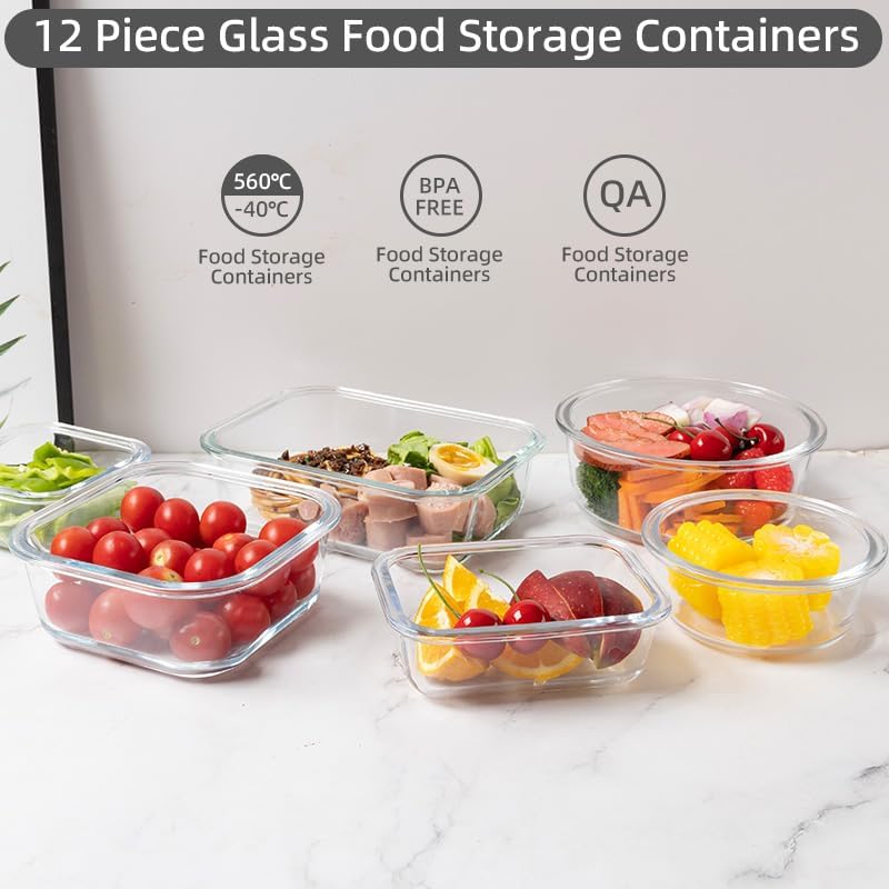 12 Pack Glass Storage Containers Transparent, Stackable Design Meal Prep Containers for Food Storage, Home, Kitchen & Pantry Organization, Microwave/Freezer/Dishwasher Safe