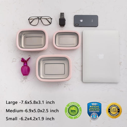 Lille Home Leak Proof Stainless Steel Lunch Snack Containers Set - Ideal for Educational Settings and Daycare - Nesting Trio with Silicone Lids - 47oz+30oz+16oz - Pink