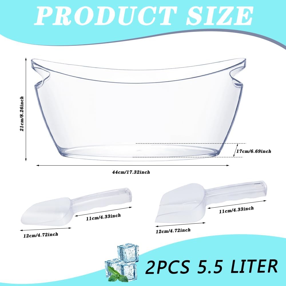 Ice Bucket, 2 PCS 5.5L Acrylic Ice Buckets, Large Beverage Tub for Parties, Mimosa Bar Supplies Beverage Tub and Scoops for Champagne Beer Sparkling Wine Cocktails (2-4 bottles)