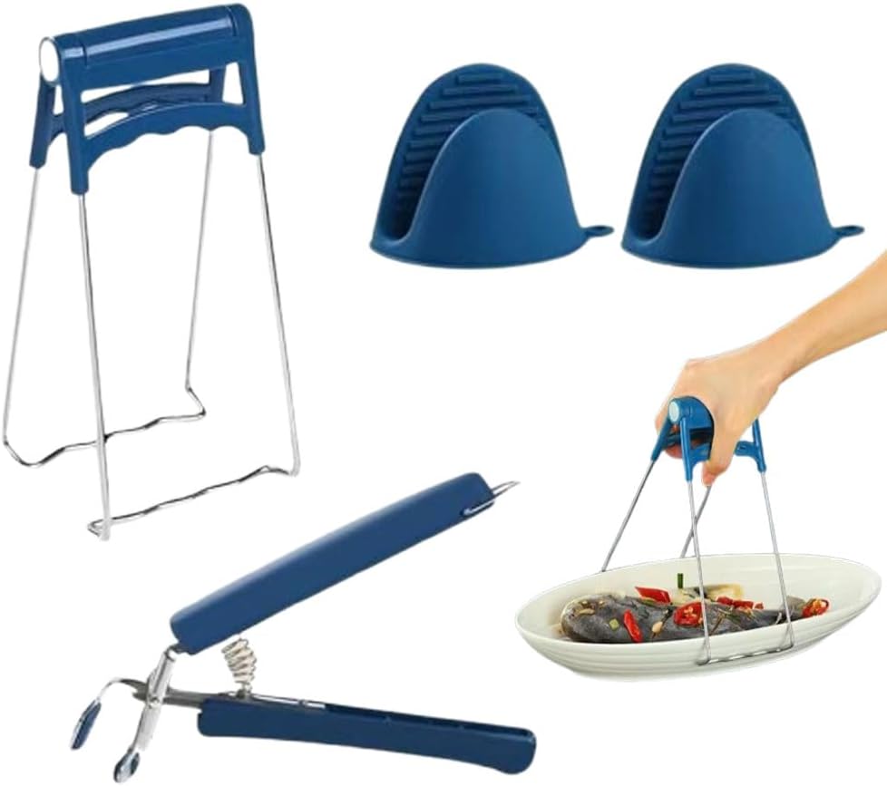 3 Pack Kitchen Tongs Bowl Dish Pan Clips Tongs Silicone GlovesKitchen Hot Plate Gripper, Stainless Steel Bowl Clip,Avoid Scalding Kitchenware Set (Blue)