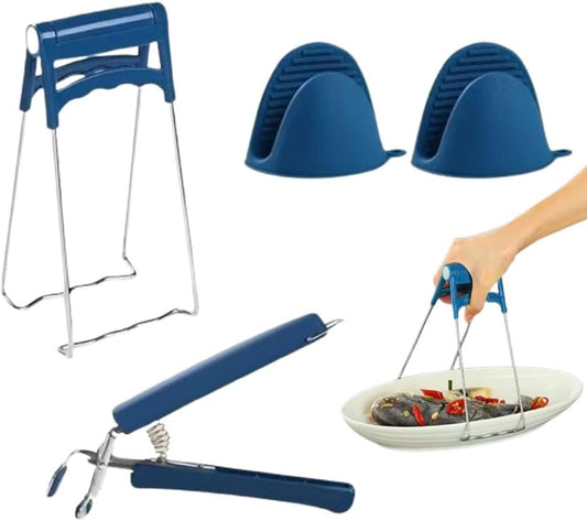3 Pack Kitchen Tongs Bowl Dish Pan Clips Tongs Silicone GlovesKitchen Hot Plate Gripper, Stainless Steel Bowl Clip,Avoid Scalding Kitchenware Set (Blue)
