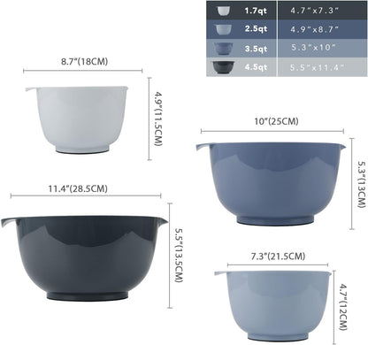 BoxedHome Nesting Plastic Mixing Bowl Set With Pour Spout, Microwave and Dishwasher Safe, BPA free Non-Slip Base, Set of 4 Size 1.7, 2.5, 3.5 and 4.5qt, Great for Prepping, Baking, Cooking (Dark Blue)