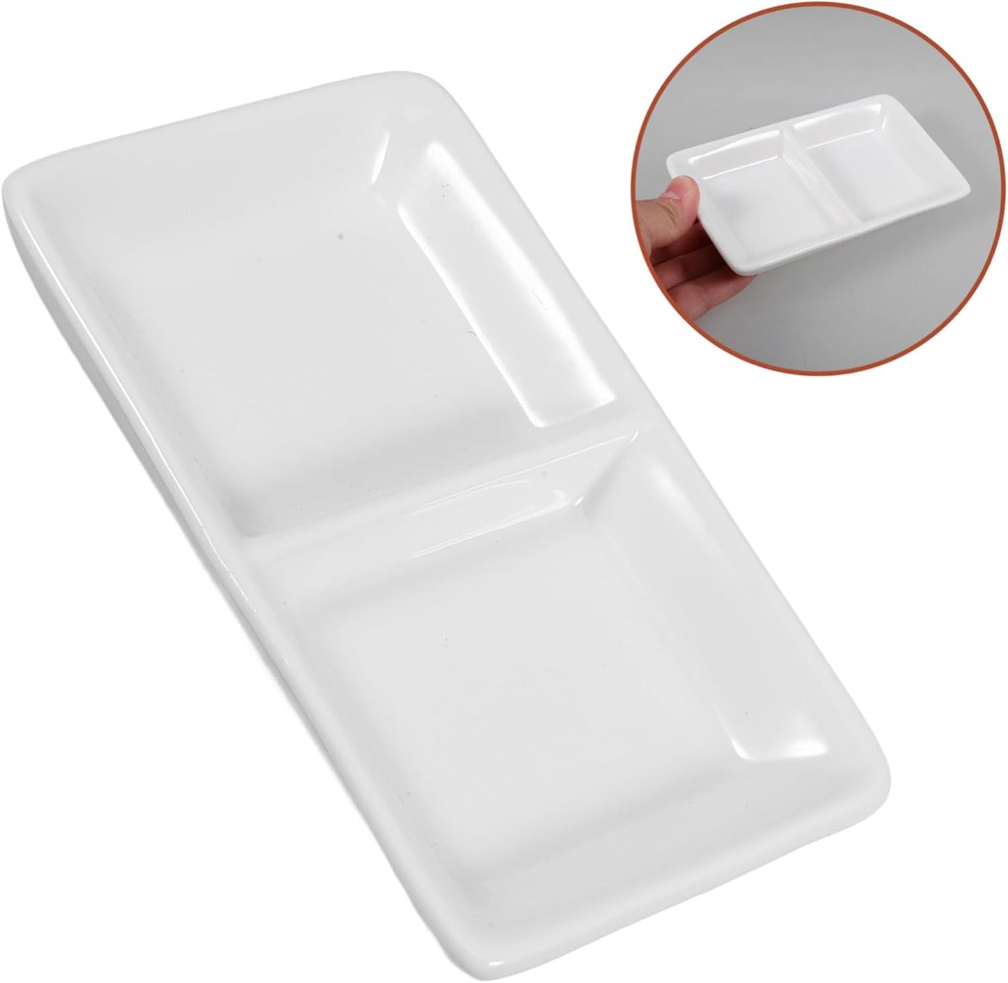 Luxshiny 5.5 Inch Ceramic Sauce Dish Plate 2-compartment Snack Serving Tray for Appetizers Divided Sauce Dishes Lid