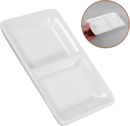 Luxshiny 5.5 Inch Ceramic Sauce Dish Plate 2-compartment Snack Serving Tray for Appetizers Divided Sauce Dishes Lid