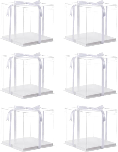 XININSUN 2Pcs Large Cake PET Clear Box, 10" X 10" X 9" with ribbon and pre-folded lid, for 8" cake packing carry, baking cookie display, Carry Tall Layer Gift, Festive Gift Box -White