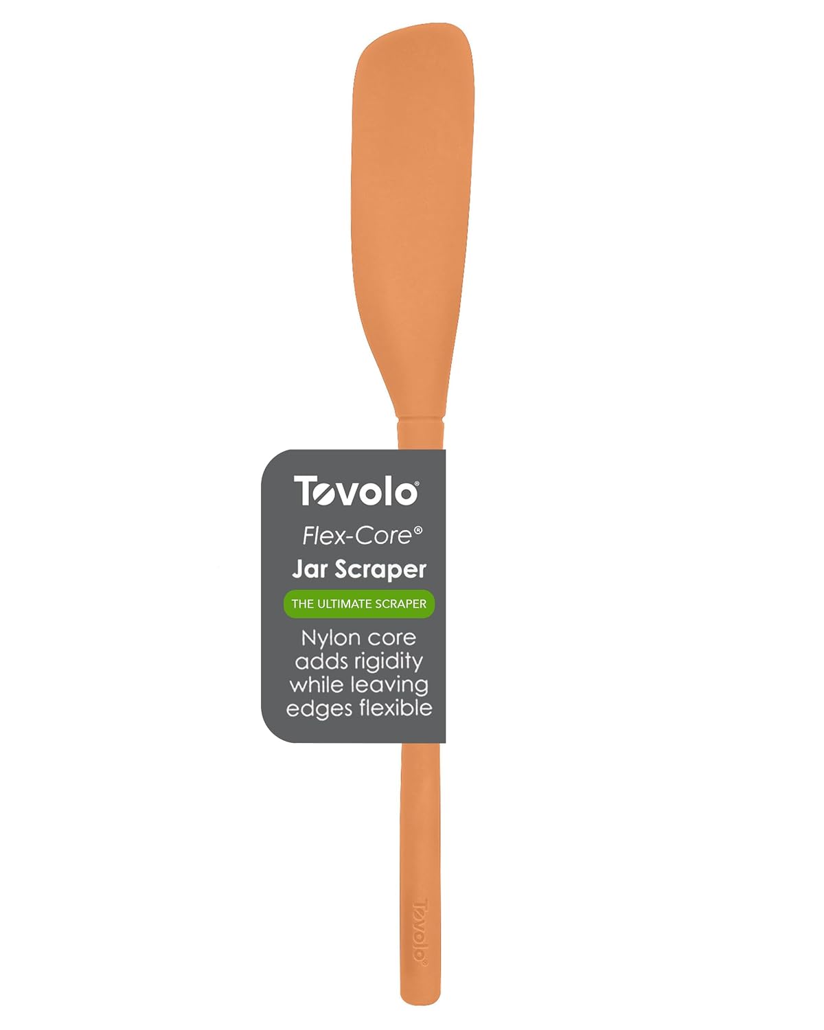 Tovolo Silicone Jar Spatula Long Handled Rubber Scraping Scooping Tool for Peanut Butter Jam Jelly Jars Blenders, Extra Long Flex Core Silicone Jar Scraper Dishwasher Safe BPA Free, Apricot Orange