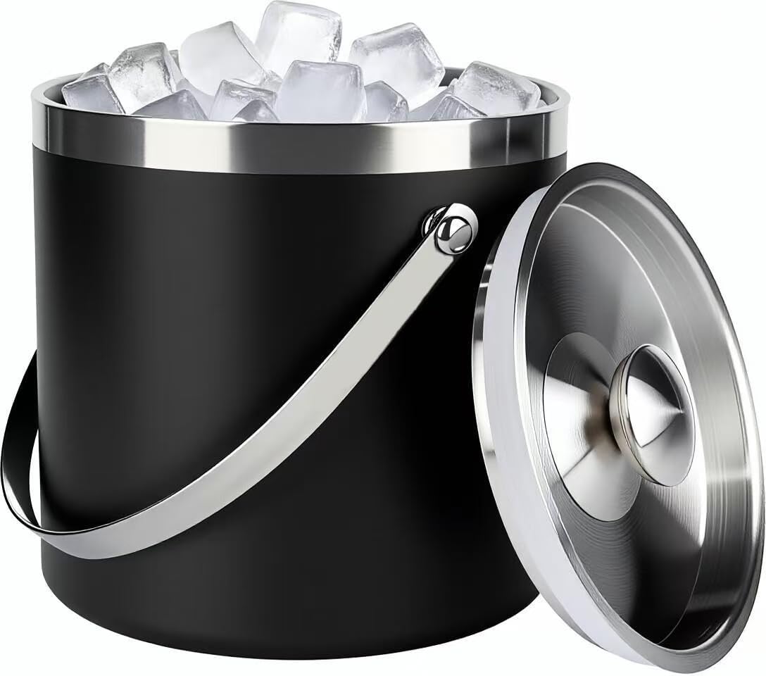 3L beige white Double Wall Insulated Stainless Steel Ice Bucket with scoop for Cocktail Bar,Metal Ice Bucket for freezer with Lid for parties.ice Container to Keep Ice Colder,bar cart accessories