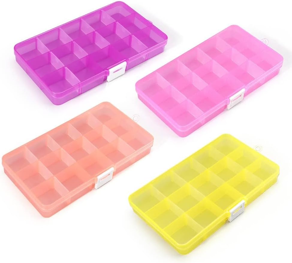 Opret 15 Grids Bead Organizer(4 Pack), Earring Organizer Box, SMALL Plastic Clear Organizing Containers with Adjustable Dividers for Crafts Jewelry Screws Small Items, Size 6.9×3.9×0.9in