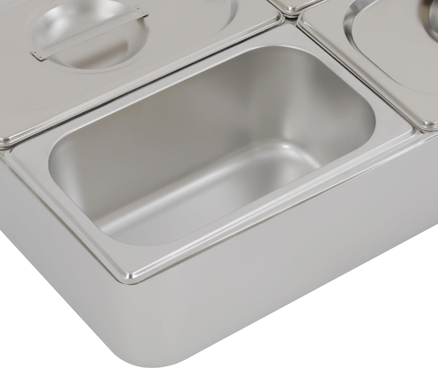 3/4/6 Compartment Stainless Steel Fruit Serving Set with Removable Acrylic Lids, Drainage Mats - Commercial Food Storage Containers for Buffet, Restaurant (3-Pan)