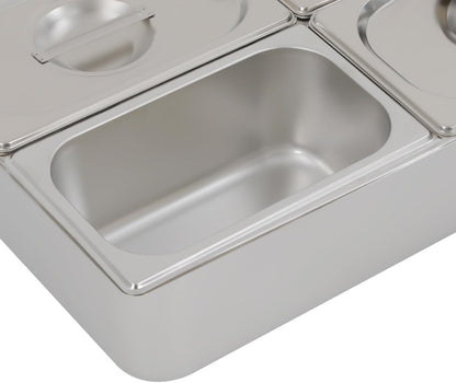 3/4/6 Compartment Stainless Steel Fruit Serving Set with Removable Acrylic Lids, Drainage Mats - Commercial Food Storage Containers for Buffet, Restaurant (3-Pan)