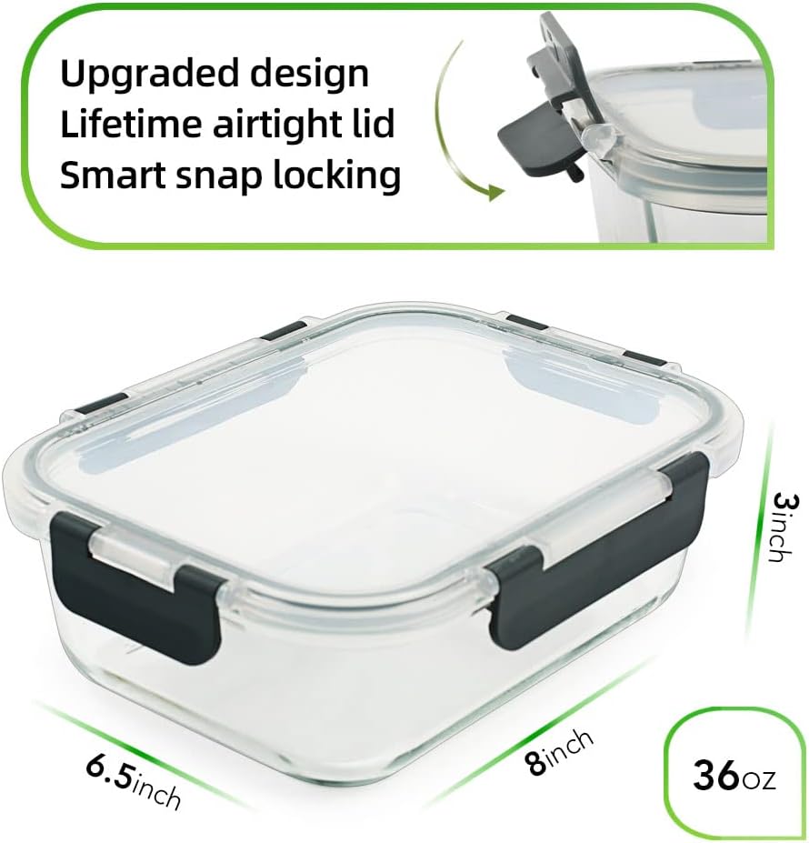 DAS TRUST 5 Pack 36oz Bento Box Glass Meal Prep Container 3 Compartment Glass Food Storage Containers with Lids Meal Prep Bowls Lunch Box Lunch Container for Oven