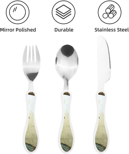3-Piece Kids Silverware Set With Storage Case, Stainless Steel Reusable Children Safe Knife Spoon Fork Set Blue Active Girl Running Sunset Children Flatware Set For Kids Lunch Box - Colors A
