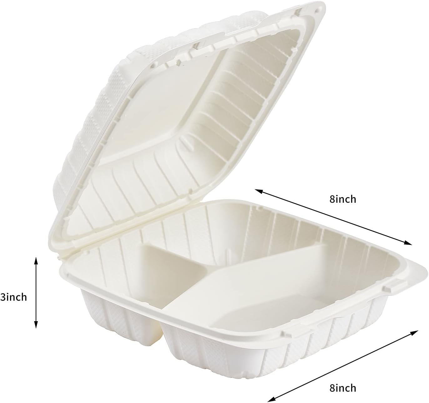 8X8 3-Compartment 50-Pack Plastic Clamshell Takeout Food Trays Heavy Duty Togo Disposable Box Carryout Meal Prep Packaging Catering Hinged Containers With Secure Snap Lid (Formerly FULING)