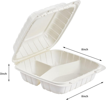 8X8 3-Compartment 50-Pack Plastic Clamshell Takeout Food Trays Heavy Duty Togo Disposable Box Carryout Meal Prep Packaging Catering Hinged Containers With Secure Snap Lid (Formerly FULING)