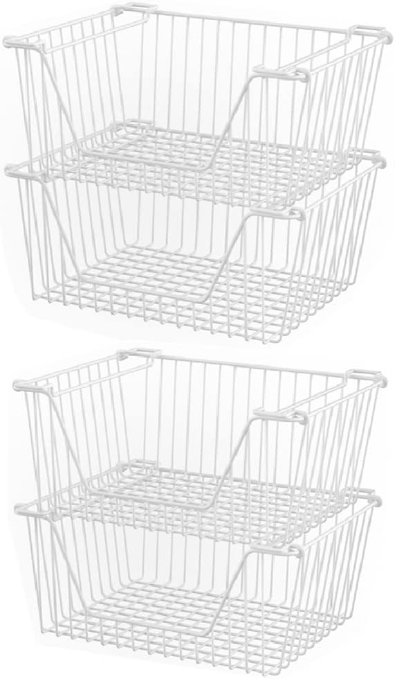 Slideep Wire Storage Baskets, Freezer Baskets Farmhouse Stackable Organizer Storage Bins Large Organizer for Storage, Office, Bathroom, Pantry Organization Storage with Handles 14" Black -Set of 3