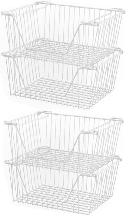 Slideep Wire Storage Baskets, Freezer Baskets Farmhouse Stackable Organizer Storage Bins Large Organizer for Storage, Office, Bathroom, Pantry Organization Storage with Handles 14" Black -Set of 3