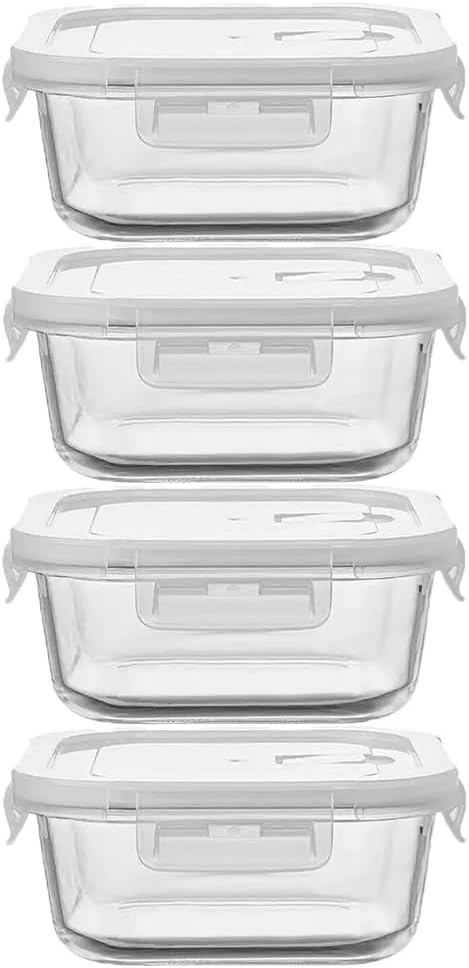 8 Pcs Square Glass Food Storage Container with Lids, 16OZ Square Glass Meal Prep Containers Set, 2 Cup glass Food Storage for Lunch Salad, Microwave, Oven, Freezer, Dishwasher Safe (4 Pack)