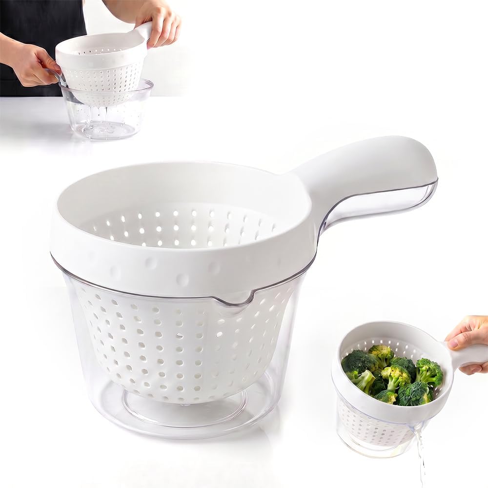 2-in-1 Detachable Fruit Washing Basket, Double-Layer Strainer Colander Bowl Set with Ergonomic Handle, BPA-Free Mess-Free Drain Bowl for Berries/Vegetables/Pasta, 7.48" Small Kitchen Colander (Green)