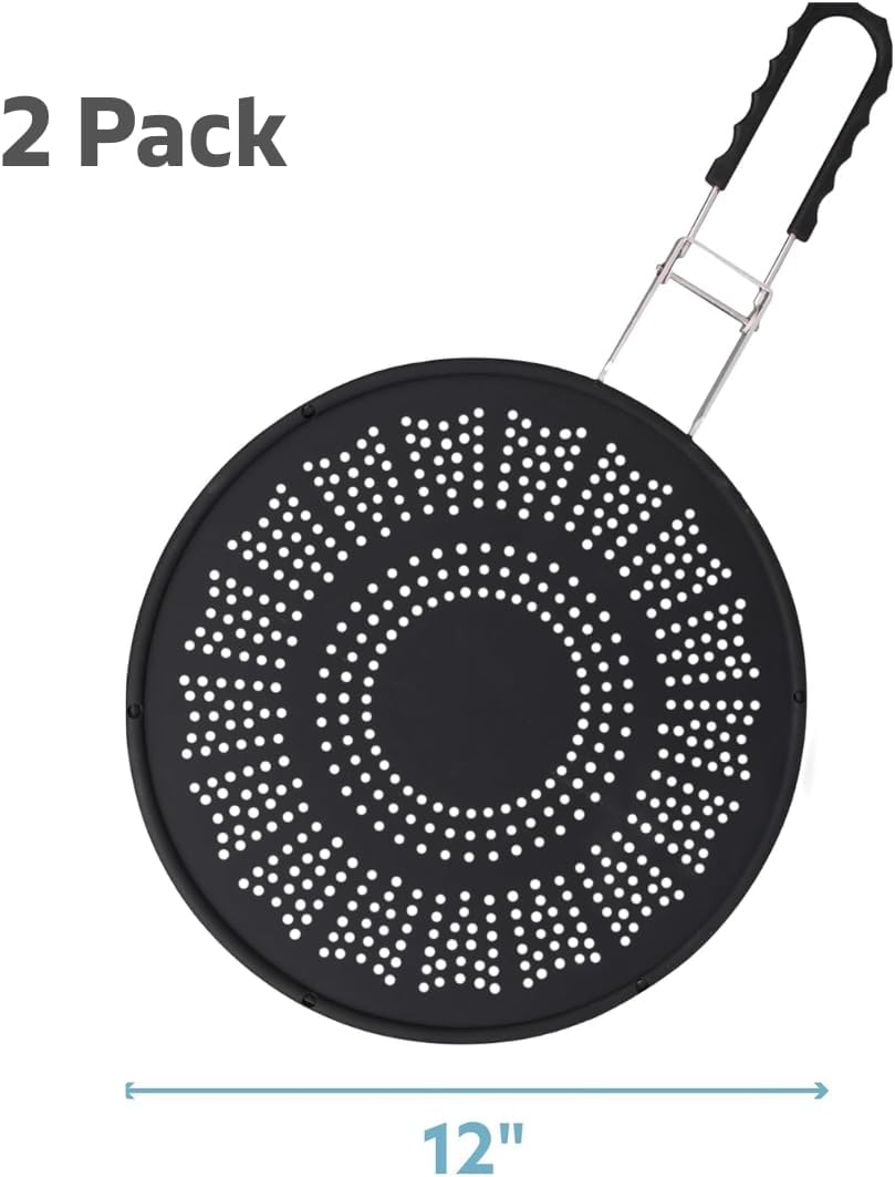 XL 11.5" Silicone Splatter Screen Shield- Multi Use Pan Cover with Foldable Handle & Built in Water Strainer- Protect from Oil, Grease with Shield Guard- Fits Most Kitchen Frying Pans, Heat Resistant