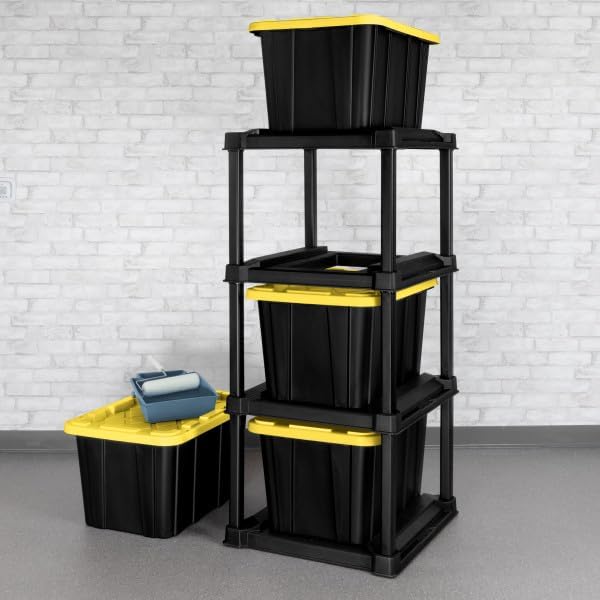 Sterilite 4-Pack 27 Gallon Industrial Storage Tote, Heavy-Duty Plastic Bins, Black/Yellow - Stackable Utility Organizers with Lids for Garage, Camping Tools, and Outdoor Gear