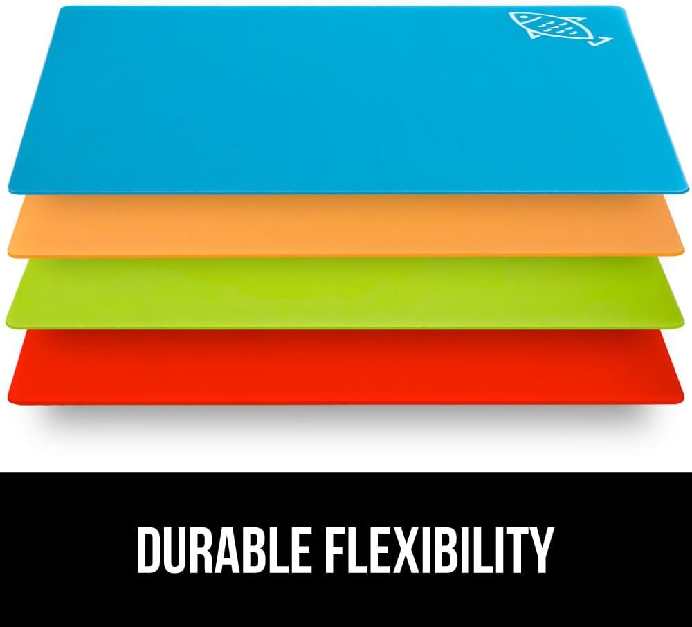 GORILLA GRIP 100% BPA-Free Flexible Cutting Board Set of 5, Durable Plastic Mats with Food Icons for Meal Prepping, Large and Mini Kitchen Chopping Mat, Use for Meat Fish Vegetables Fruit, Multicolor