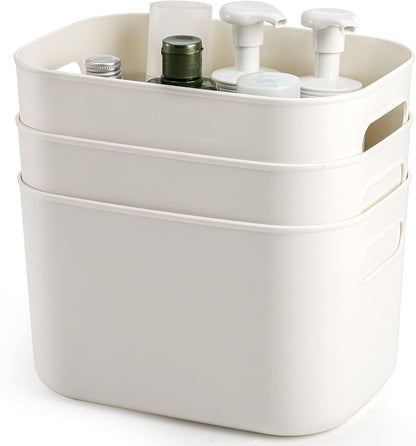 Yopay 6 Pack Plastic Storage Bin with Handle, White Bathroom Kitchen Organizer Bin for School, Office, Classroom, Hand Soaps, Shampoos, Lotion, Conditioners, Hand Towels, Cosmetic, Snacks, Seasoning