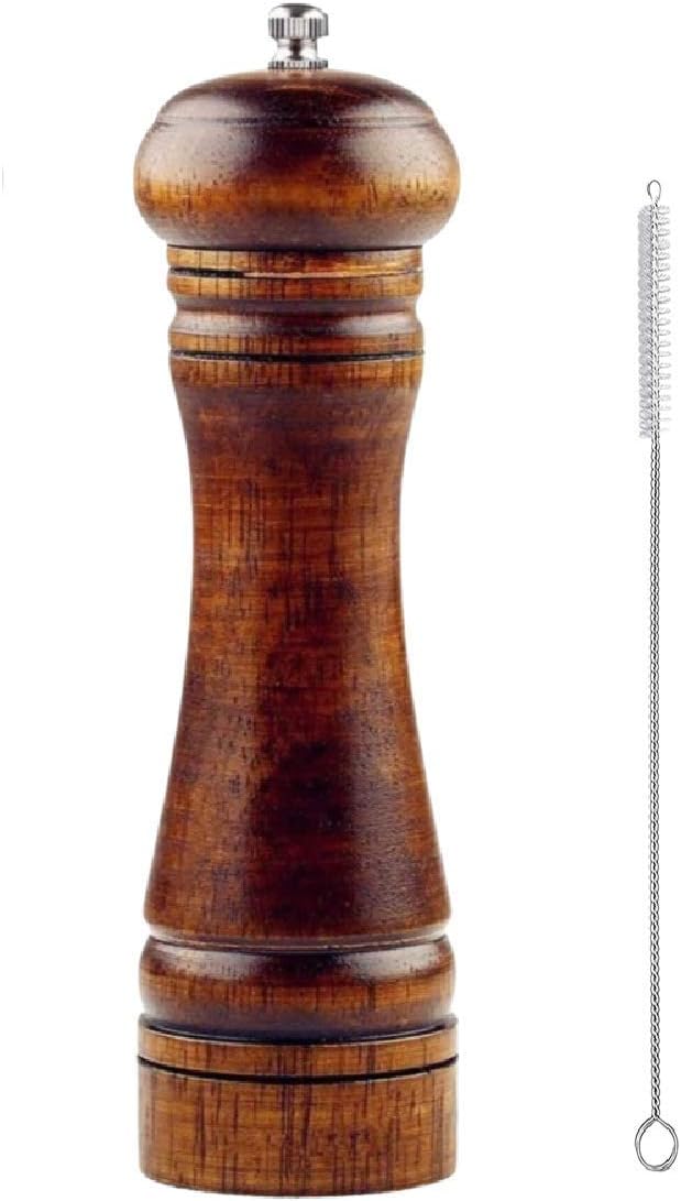 Wooden Pepper Mill or Salt Mill with a cleaning brush - 8 inch tall - Best Pepper or Salt Grinder Wood with a Adjustable Ceramic Rotor and easily refillable - Oak Wood Pepper Grinder for your kitchen