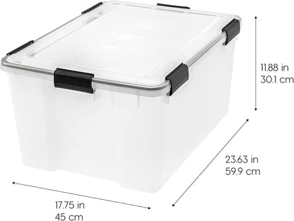 IRIS USA WeatherPro Storage Bins with Lids, 47 Qt, Gasket Seal, 2 Pack | Airtight gasket helps protect clothing, shoes, crafts, keepsakes, and household supplies from moisture and dust.
