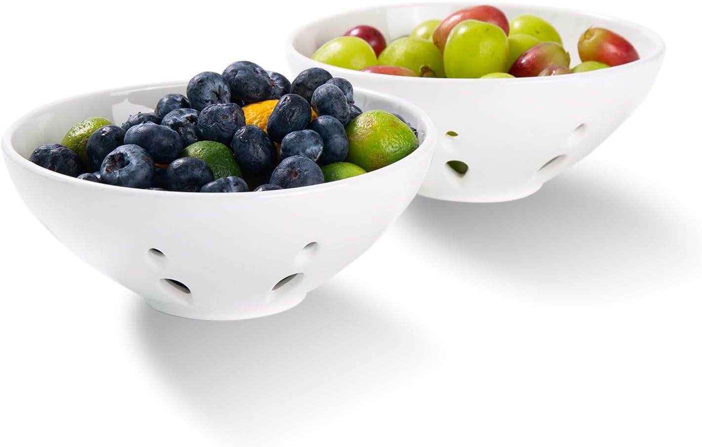 Ceramic Berry Basket, Round Fruit Bowl with Draining Hole, 5.8" Berry Colander for Kitchen Counter, Fruit Baskets Set of 2, White