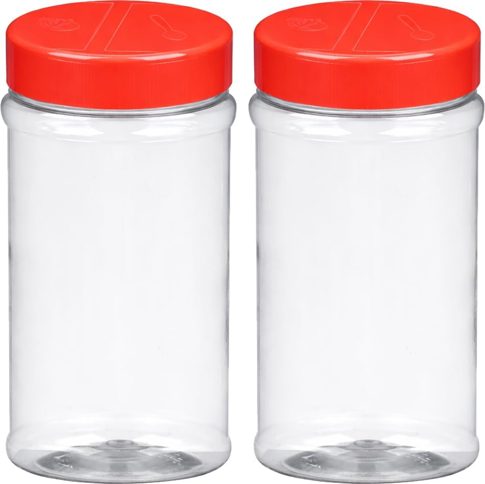 BRIGHTFROM 16oz Empty Spice Jars – Clear BPA-Free Plastic Shaker Bottles with Dual Lids, Wide Mouth for Easy Filling, Reusable Herb, Salt, Pepper, and DIY Seasoning Storage - 2 Pack