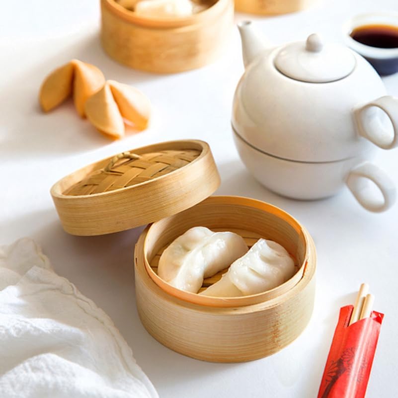 Mini Bamboo Steamer Basket with Cover and Handle 3.5 Inch Round Dim Sum Steamer for Dumplings Buns Home Kitchen Cooking