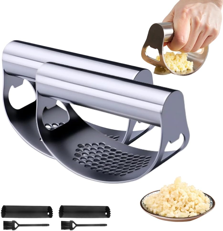 Garlic Press Rocker - 2024 NEW Stainless Steel Garlic Mincer Garlic Crusher with Peeler, New Innovative Garlic Chopper with Peeler and Scraper for Smash Garlic (Black)
