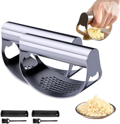 Garlic Press Rocker - 2024 NEW Stainless Steel Garlic Mincer Garlic Crusher with Peeler, New Innovative Garlic Chopper with Peeler and Scraper for Smash Garlic (Black)