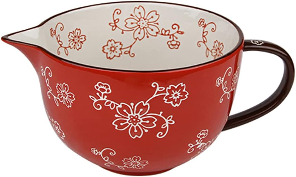 Gaolinci Cherry Blossom Pattern Kitchen Ceramic Mixing Bowl, 1 Quart Large Bowl, with Pouring Spout and Handle