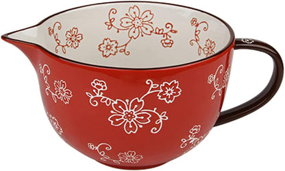 Gaolinci Cherry Blossom Pattern Kitchen Ceramic Mixing Bowl, 1 Quart Large Bowl, with Pouring Spout and Handle