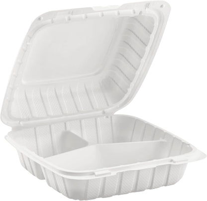 KARAT EARTH Clamshell Take Out Food Containers [8"x8" - 200 ct] To Go Containers | 3 Compartment, Soak-Resistant, Durable, Stackable | Vented for Hot/Cold Foods, White