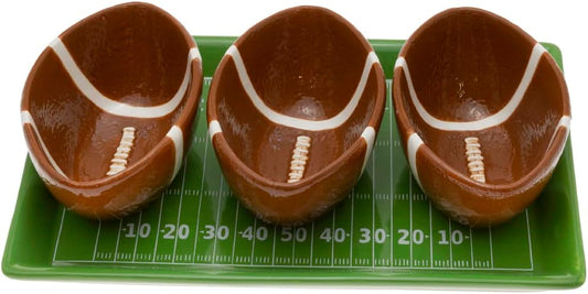 Boston International Serving Tray Football Party Ceramic Condiment Server Platter with Three Bowls, 10 x 6-Inches, Football Fever