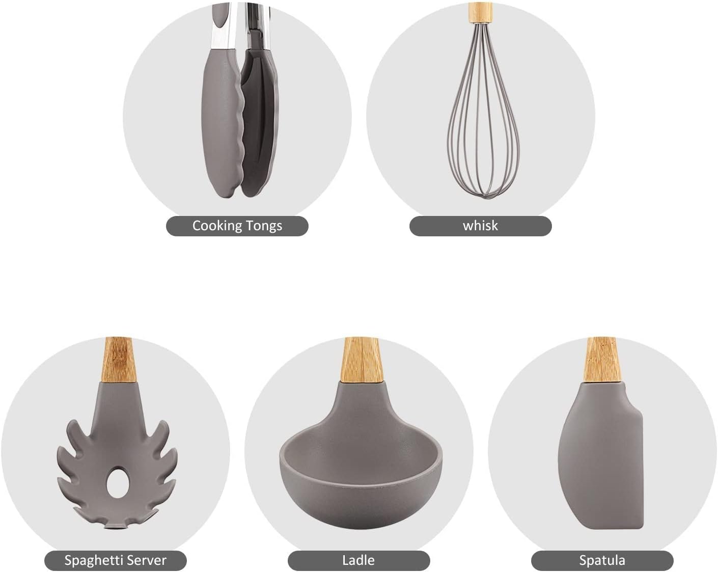 Kitchen Cooking Utensils Set, 13 pcs Non-Stick Silicone Cooking Kitchen Utensils Spatula Set with Holder, Bamboo Handle Silicone Kitchen Gadgets Utensil Set for Nonstick Cookware