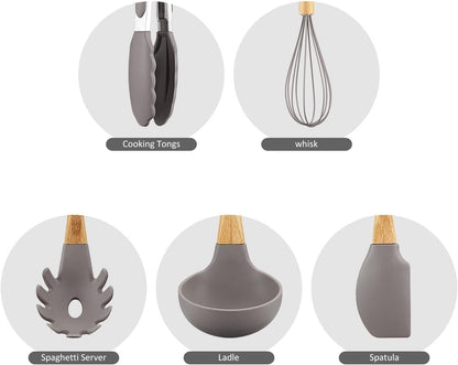Kitchen Cooking Utensils Set, 13 pcs Non-Stick Silicone Cooking Kitchen Utensils Spatula Set with Holder, Bamboo Handle Silicone Kitchen Gadgets Utensil Set for Nonstick Cookware