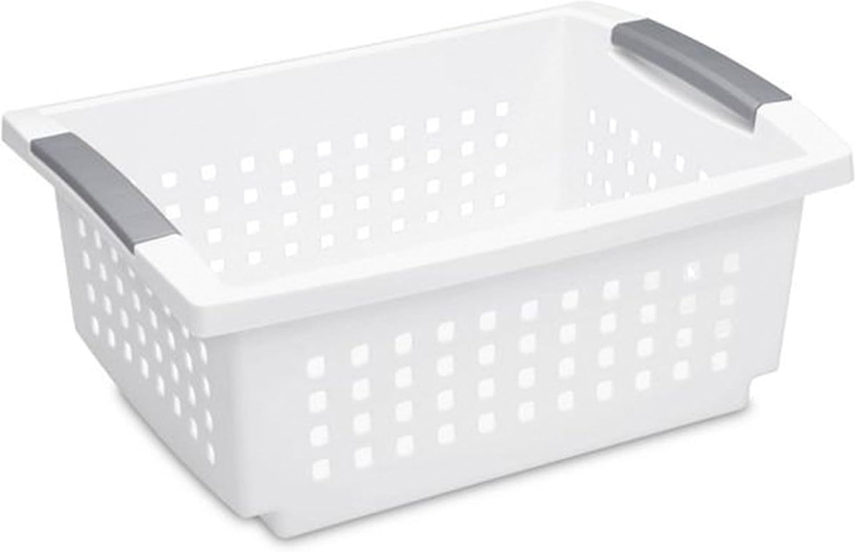 Sterilite Medium Stacking Basket, Plastic Storage Bin to Organize Countertops, Shelves, Closets, Classroom, Bathroom, and Dorm, White with Gray Handles, 4-pack
