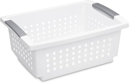 Sterilite Medium Stacking Basket, Plastic Storage Bin to Organize Countertops, Shelves, Closets, Classroom, Bathroom, and Dorm, White with Gray Handles, 4-pack