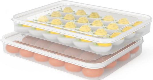 77L Deviled Egg Containers with Lid, (Set of 2), Plastic Egg Holder for Refrigerator for 48 Eggs, Clear Storage Deviled Egg Carrier Tray, Fridge Stackable Countertop Portable Egg Dispenser
