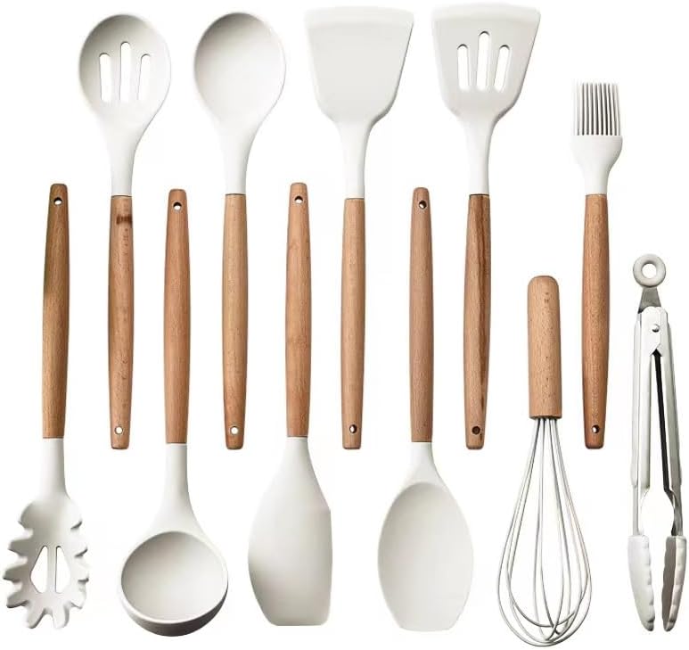 33-Piece Silicone Kitchen Utensil Set with Holder – Heat Resistant up to 446°F, Non-Stick Cooking Tools with Wooden Handles, Measuring Cups, Spatulas, Tongs, Whisk & More
