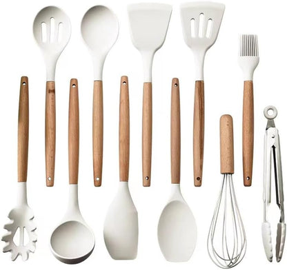 33-Piece Silicone Kitchen Utensil Set with Holder – Heat Resistant up to 446°F, Non-Stick Cooking Tools with Wooden Handles, Measuring Cups, Spatulas, Tongs, Whisk & More